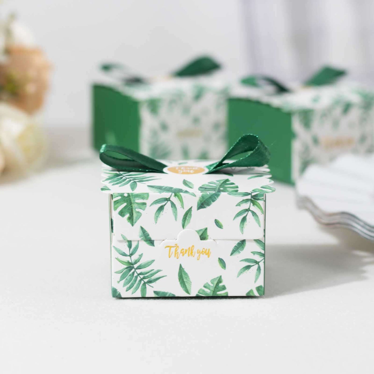 25 Pack Green Monstera Leaf Print Candy Gift Boxes with Satin Ribbon Bow, Thank You Cardstock Paper Party Favor Boxes - 2.5"x2.5"x2"