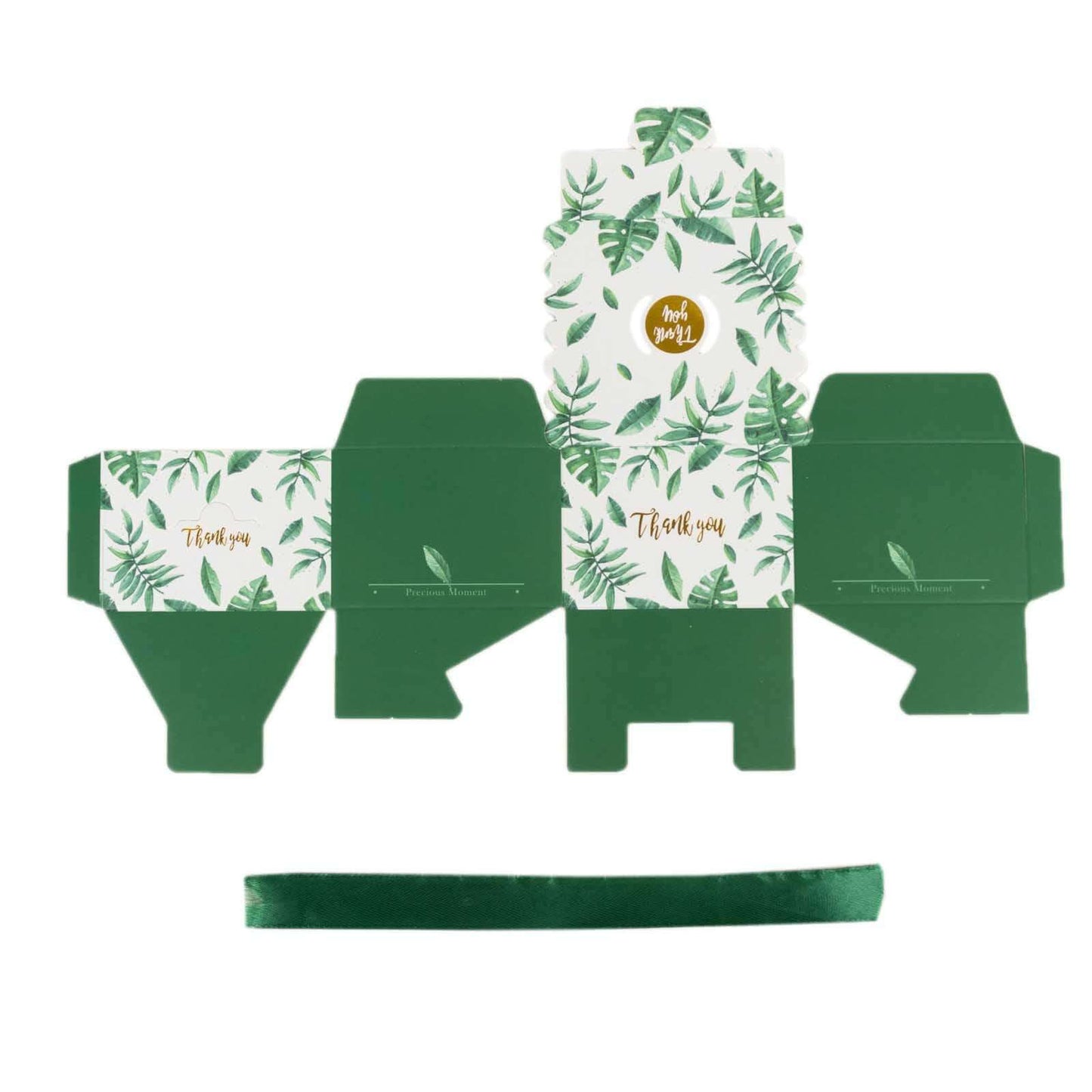 25 Pack Green Monstera Leaf Print Candy Gift Boxes with Satin Ribbon Bow, Thank You Cardstock Paper Party Favor Boxes - 2.5"x2.5"x2"