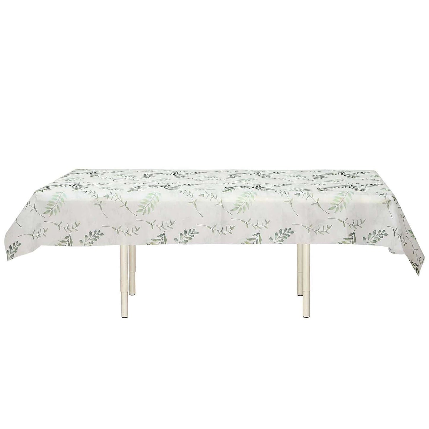 Non-Woven Tablecloth Rectangle White/Green with Olive Leaves Print - Perfect Disposable Table Cover for Summer 60"x102"