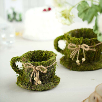 Set of 2 Teacup Shaped Planter Boxes Preserved Moss with Twine Green - Flower Basket Centerpieces 5", 4"