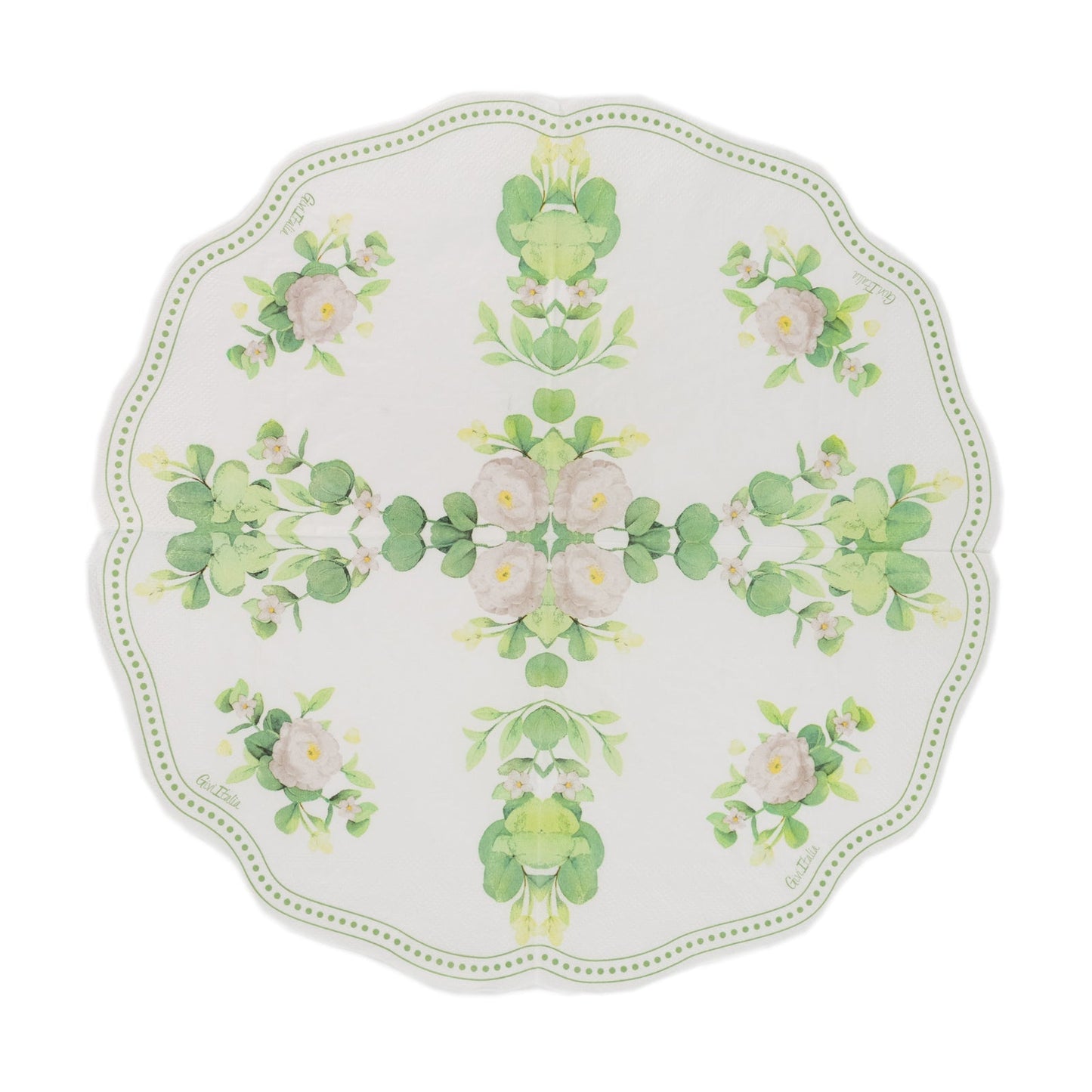 25-Pack Round Paper Cocktail Napkins with Floral Greenery and Scalloped Edge White - Disposable 2 Ply Beverage Napkins 6.25"x6.25"