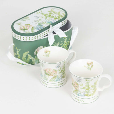 Greenery Theme Bridal Shower Gift Set 2 Pack Porcelain Tea Cups With Matching Keepsake Gift Box and Satin Ribbon Handle