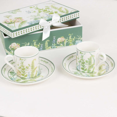 Greenery Theme Bridal Shower Gift Set Set of 2 Porcelain Espresso Cups and Saucers with Matching Keepsake Box