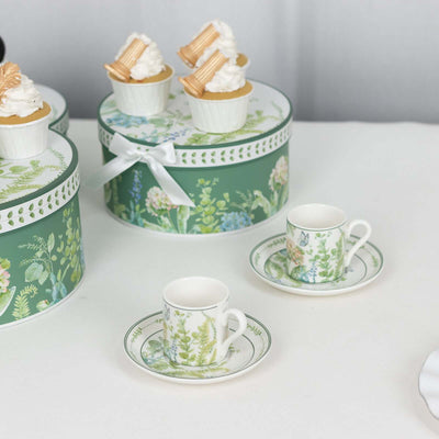 Greenery Theme Bridal Shower Gift Set Set of 2 Porcelain Espresso Cups and Saucers with Matching Keepsake Box