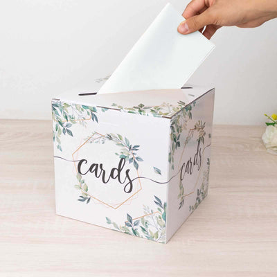 Greenery Theme Wedding Reception Gift Card Box with Geometric Gold Foil Print Collapsible Money Card Box - 8’’x8’’