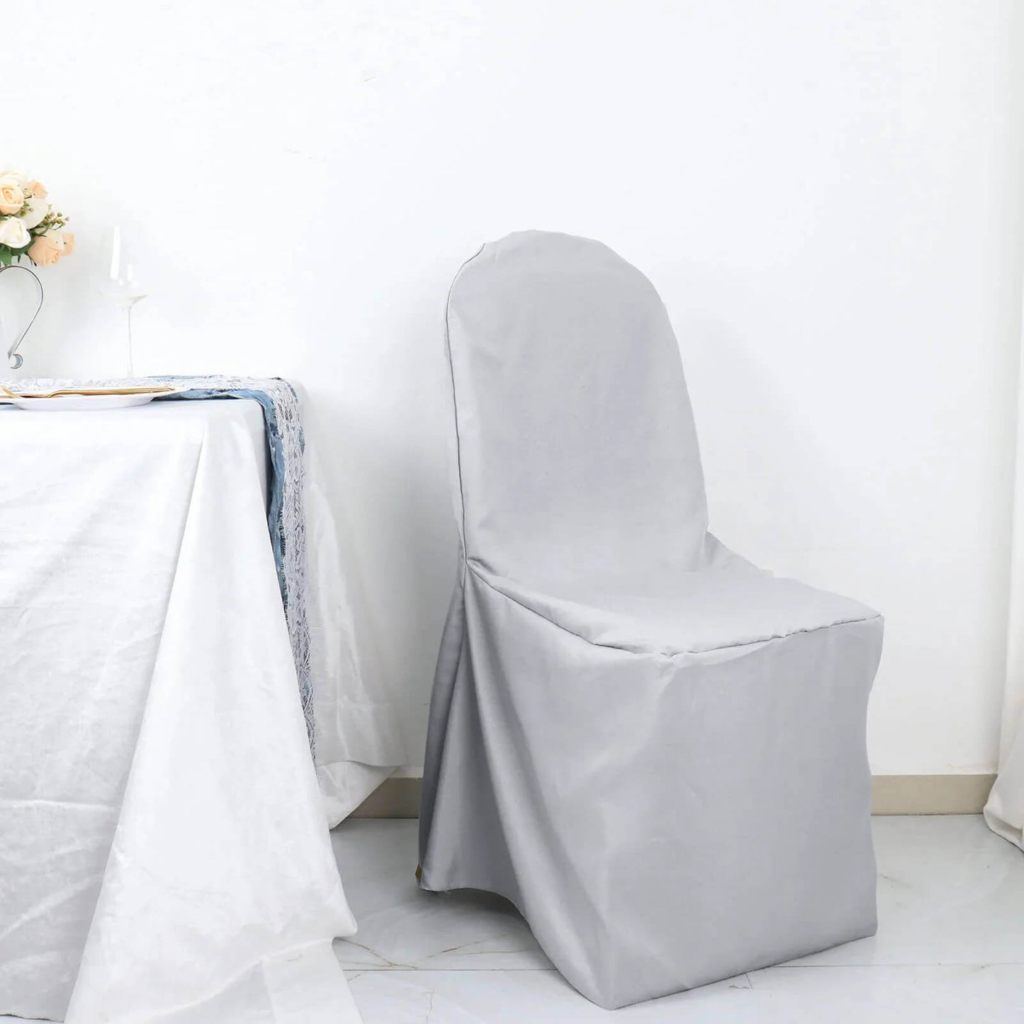 10 Pack Polyester Chair Cover for Banquet Chairs Silver - Stain-Resistant Reusable Slip-On Slipcover