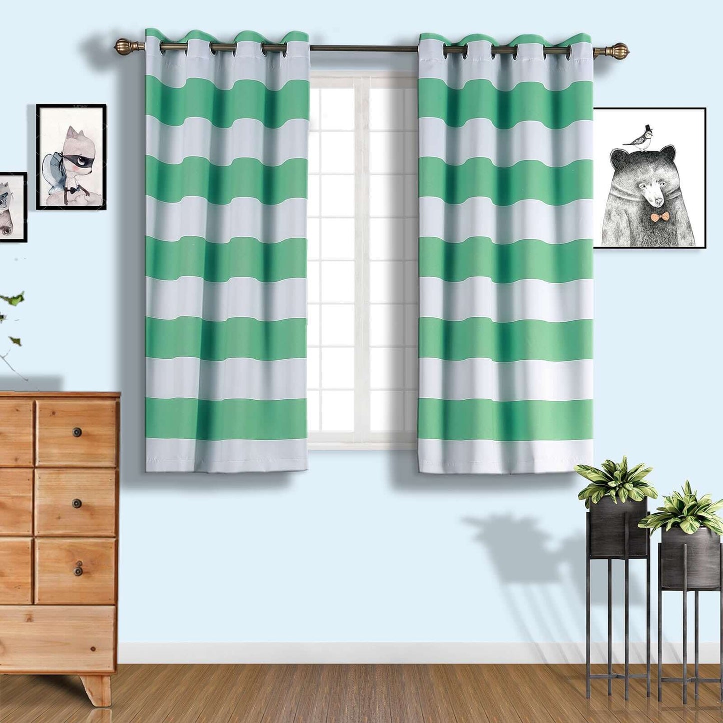 2 Pack White Mint Cabana Stripe Thermal Blackout Window Curtain Grommet Panels, Noise Canceling Curtains - 52"x64"