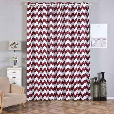 2 Pack White Burgundy Chevron Print Thermal Blackout Window Curtain Grommet Panels, Noise Canceling Curtains - 52"x108"
