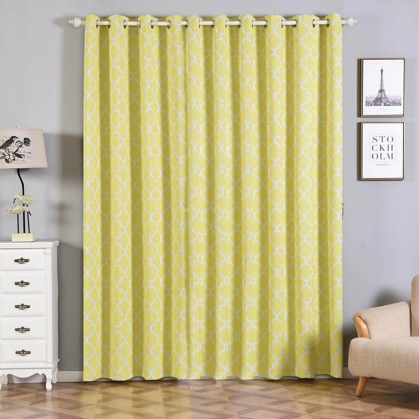 2 Pack White Yellow Lattice Room Darkening Blackout Curtain Panels With Grommet, Trellis Insulated Curtains 52"x96" - Clearance SALE
