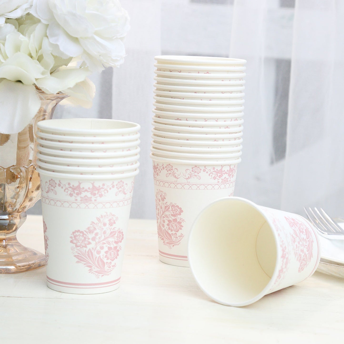 24 Pack Disposable Paper Cups in White Pink Damask Floral Pattern, Elegant Party Cups - 9oz
