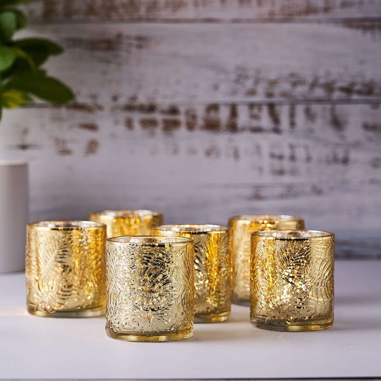 6-Pack Mercury Glass Candle Holders Gold Palm Leaf Design - Votive Tealight Holders for Events