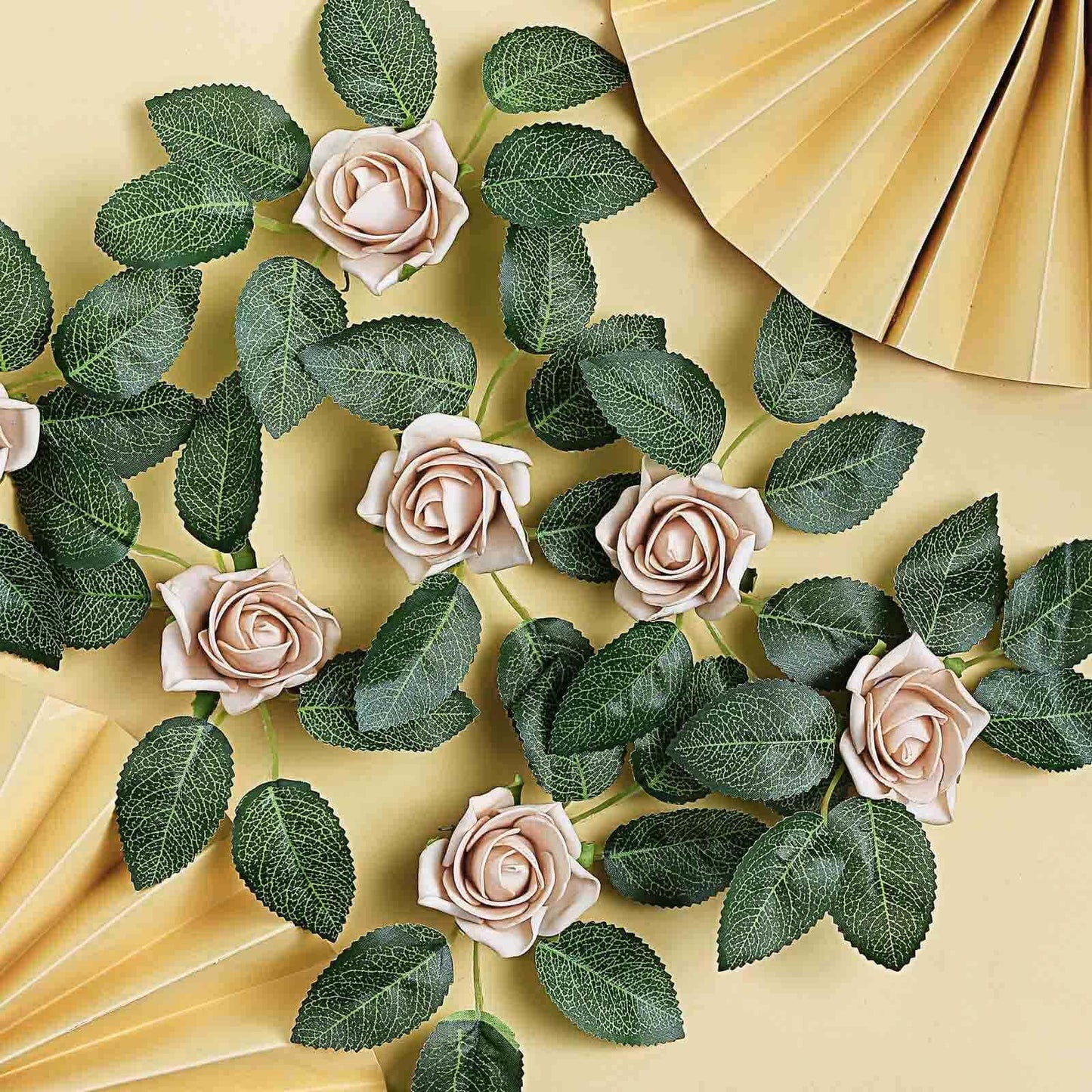 24 Roses 2" Champagne Artificial Foam Flowers With Stem Wire and Leaves