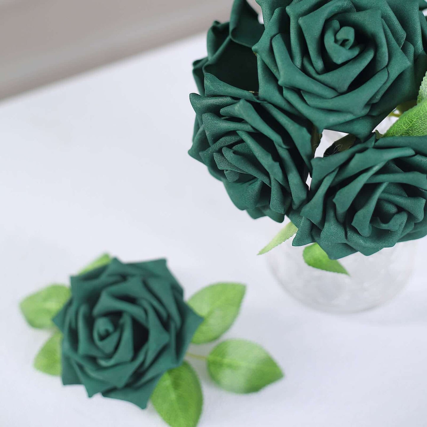 24 Roses 5" Hunter Emerald Green Artificial Foam Flowers With Stem Wire and Leaves