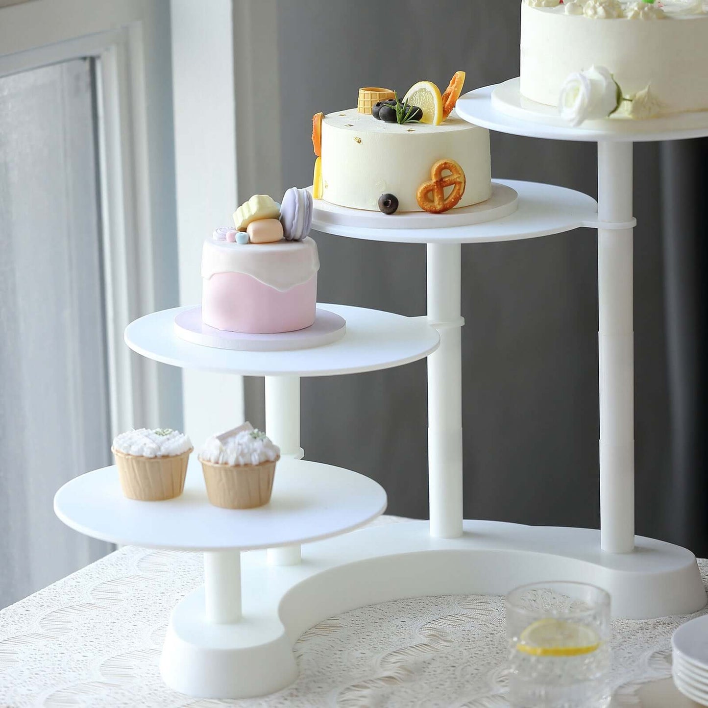 4-Tier Plastic Cake Stand with Half Moon Base White for Weddings Tea Parties & Home Gatherings 17"