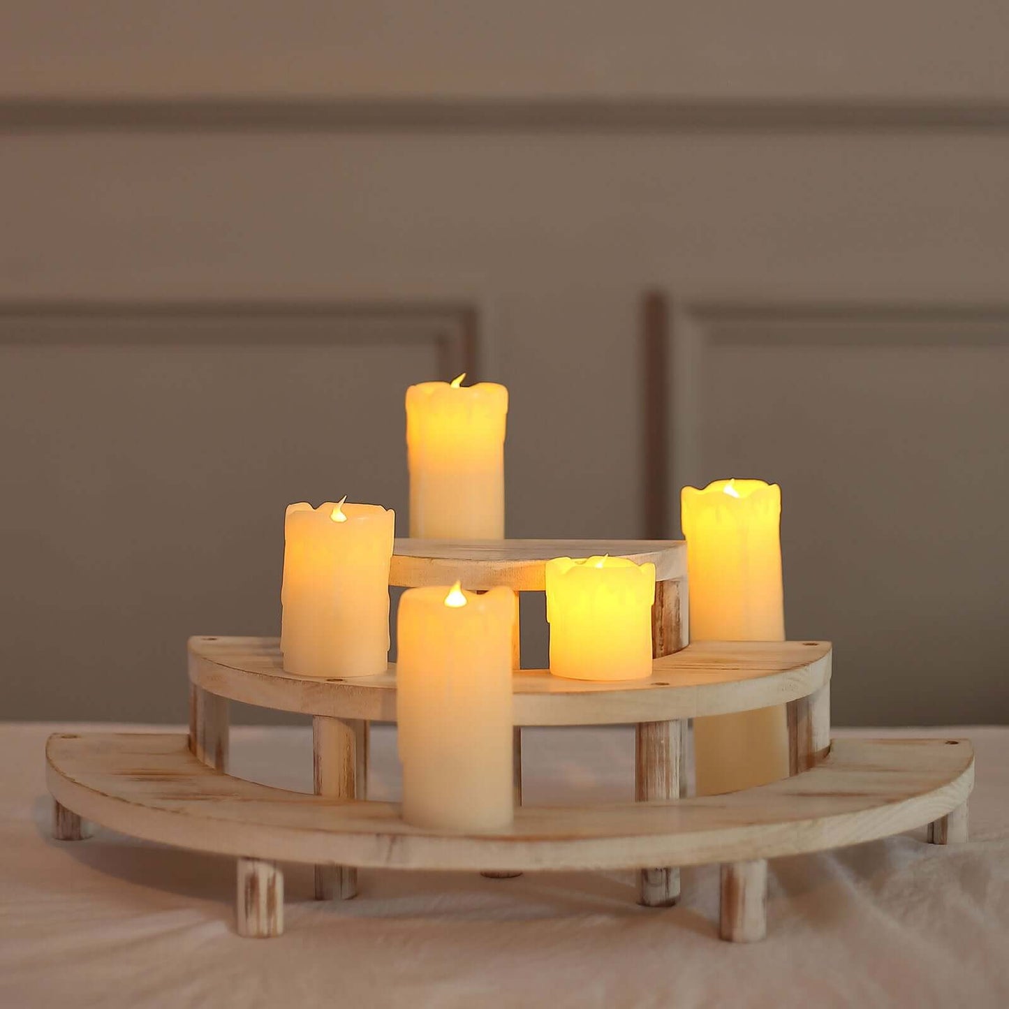 Set of 3 Wooden Dessert Pedestals Rustic Whitewashed 3-Tier Semicircle Design - Half Moon Cupcake Display Risers 7", 13", 18"