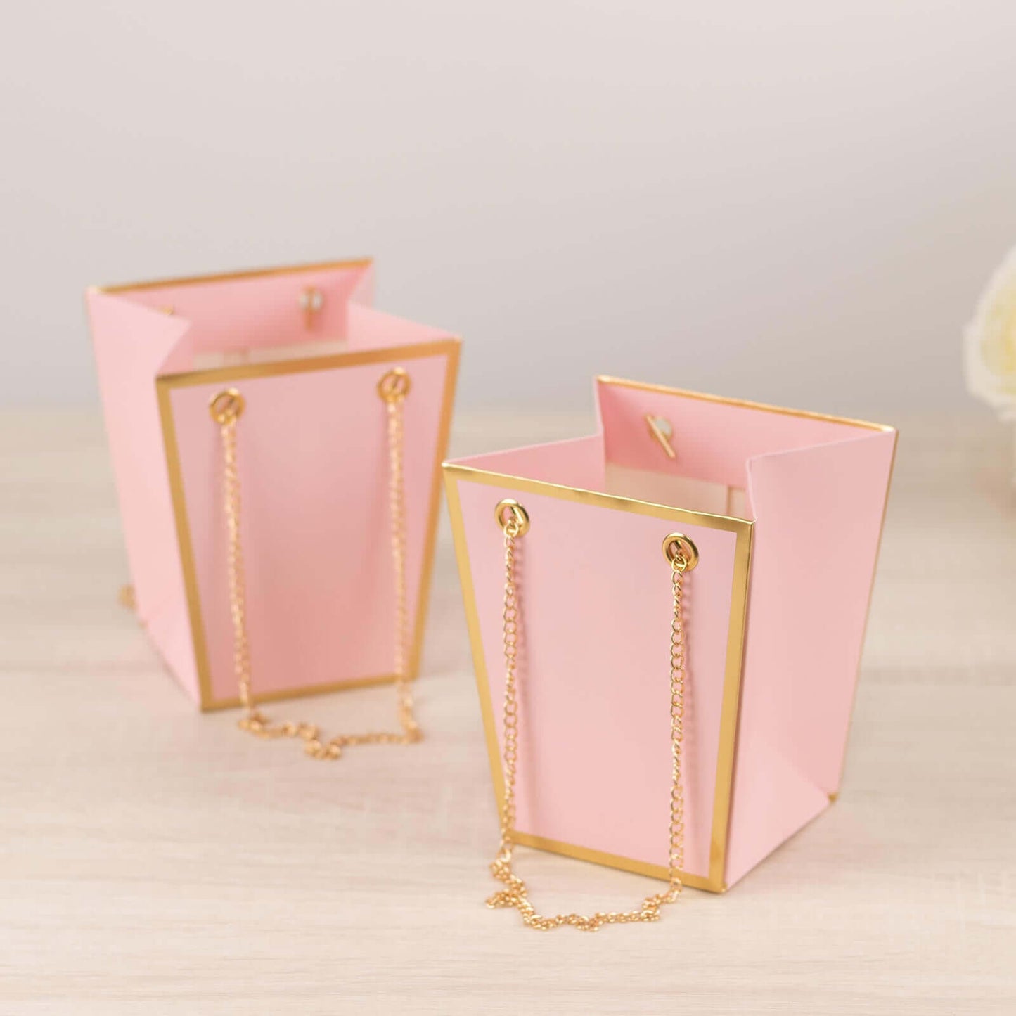 6 Pack Pink Gold Edge Paper Flower Gift Bags With Metal Chain Handles, Trapezoid Party Favor Tote Bags - 5"x6"