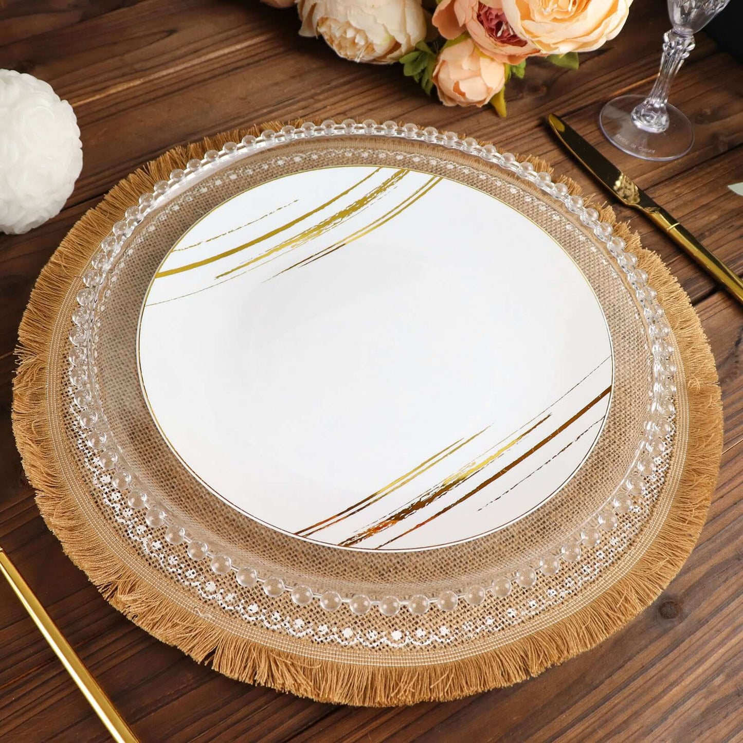 4-Pack Placemats White Embroidery Print Design Natural Jute Fringe Round - Rustic Burlap Woven Style 15"