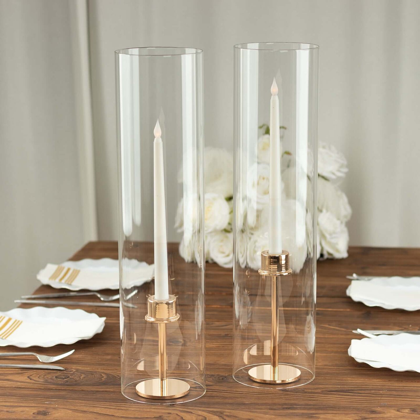 2-Pack Clear Glass Candelabra Shades Open End Hurricane Design - Stylish Table Centerpiece 20"