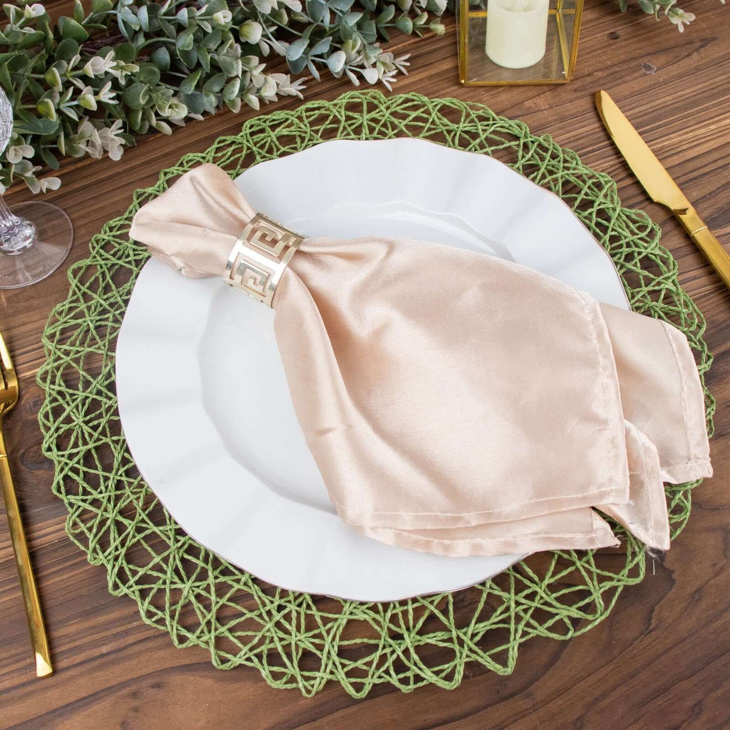 6-Pack Table Placemats Woven Fiber Design Olive Green Round - Disposable Mats for Dining and Events 15"
