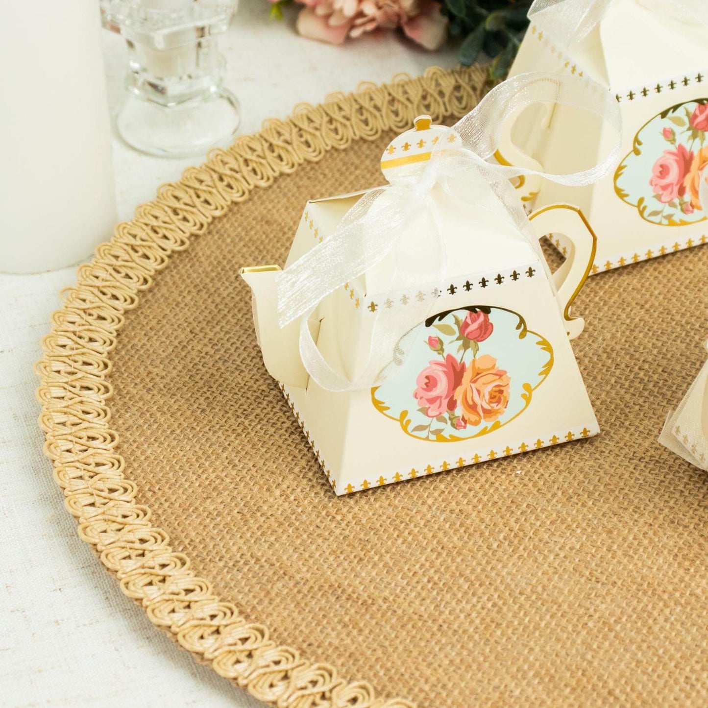 25 Pack 4" Ivory Mini Teapot Favor Boxes, Vintage Rose Gift Boxes with Ribbons