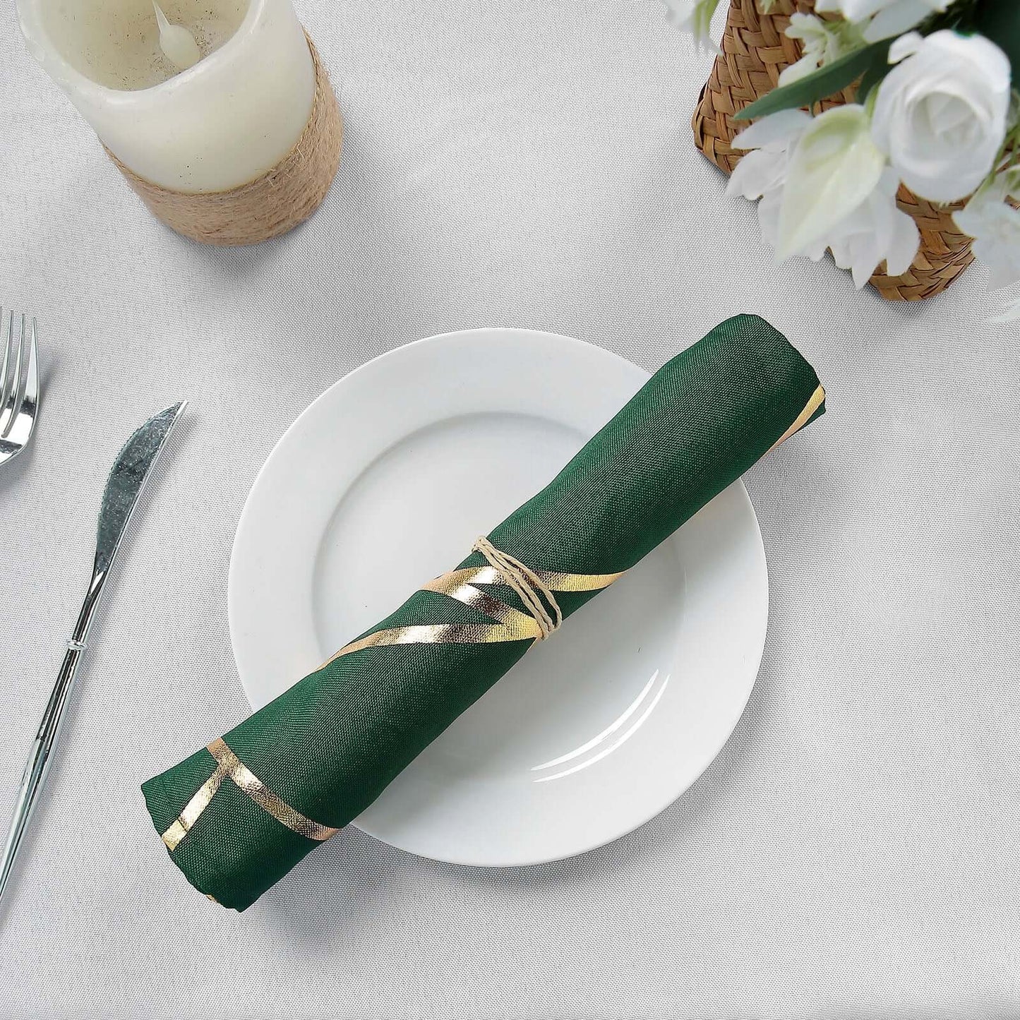 5 Pack Polyester 20"x20" Napkins Hunter Emerald Green with Gold Geometric Foil Pattern - Modern Reusable Dinner Napkins