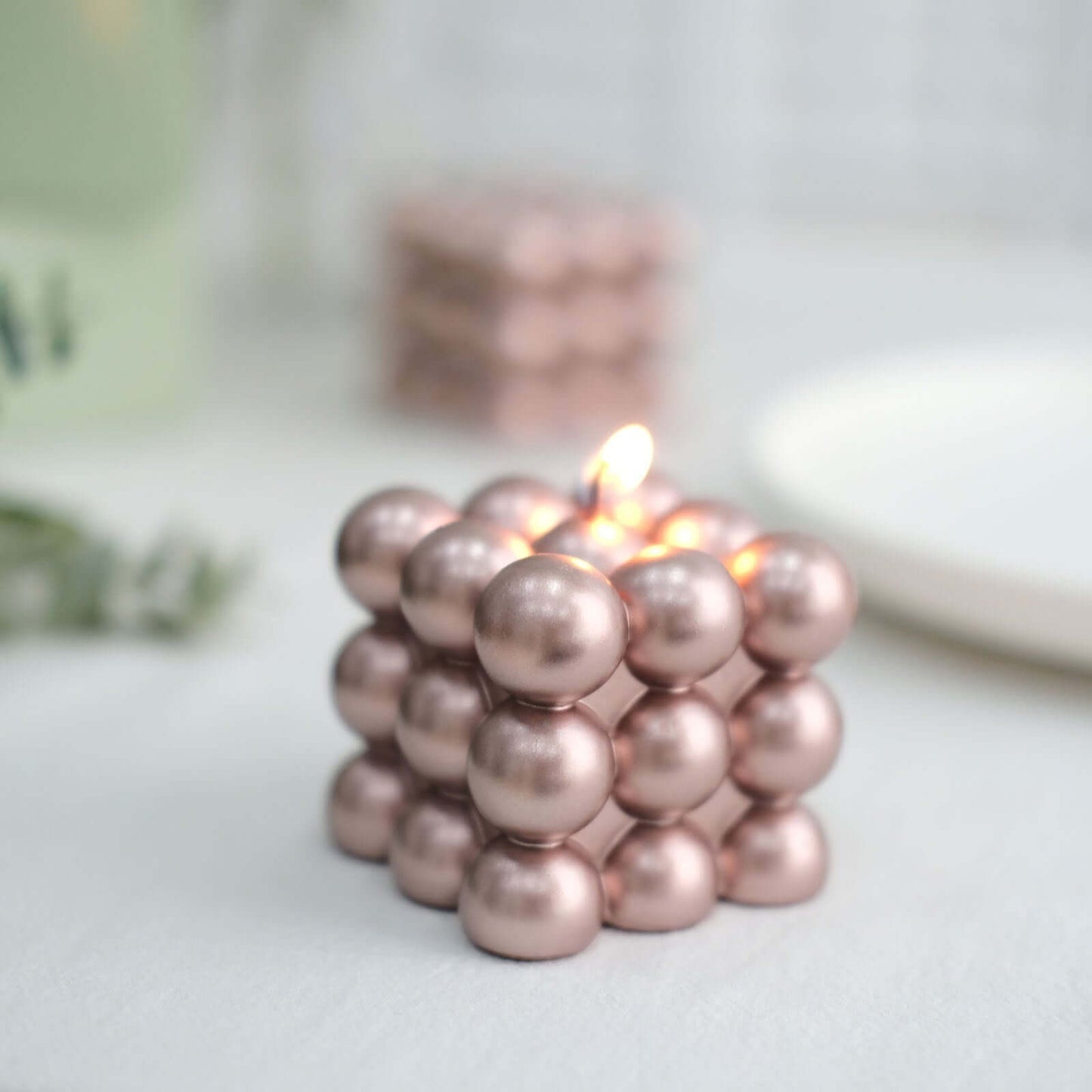 2-Pack Decorative Paraffin Wax Candles Bubble Cube Design Metallic Rose Gold - Unscented Long Burning Pillar Candle Set 2"