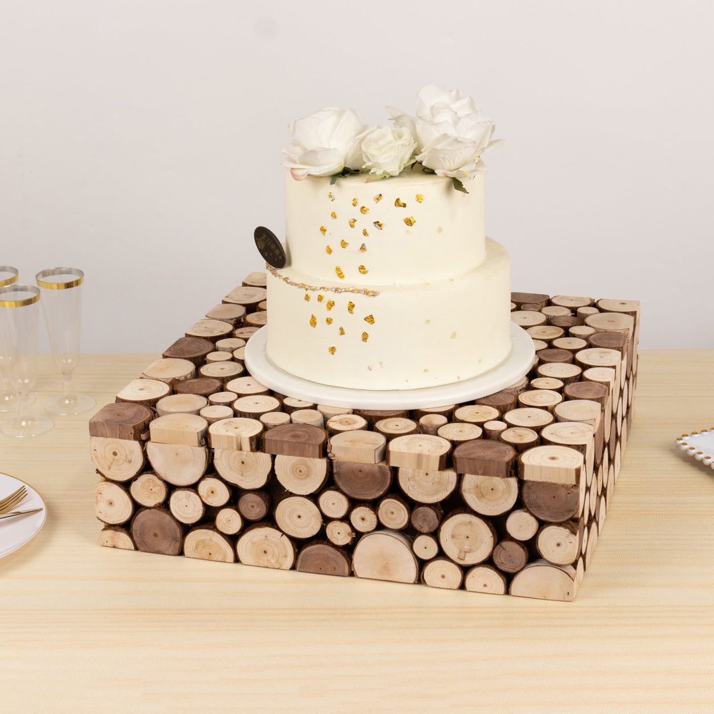 Wooden Cake Stand 18"x18" Square Design Rustic Natural Slices - Farmhouse Display Box Pedestal Riser