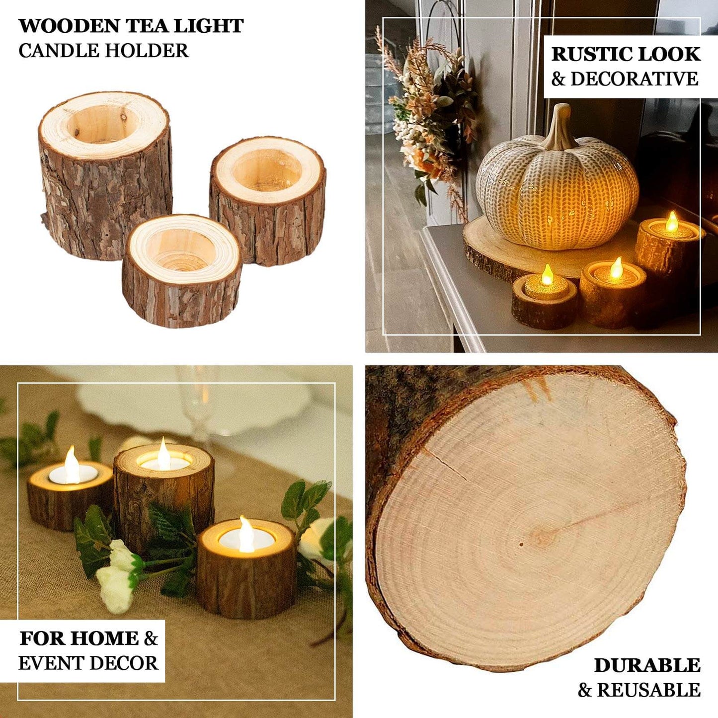 Set of 3 Rustic Wood Slice Votive Candle Holders - Tree Branch Wedding Table DÃ©cor 2.75", 1.5", 1.25"