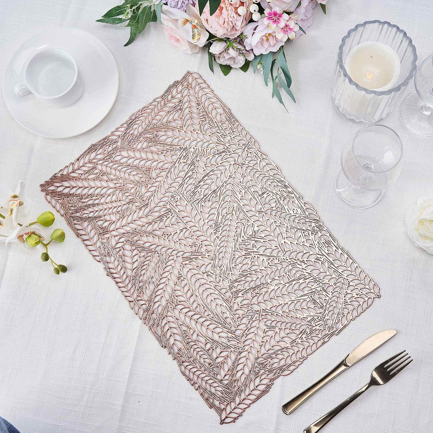 6-Pack Table Mats Wheat Design Rose Gold - Vinyl Rectangle Non-Slip Surface for Stylish Settings 12"x18"