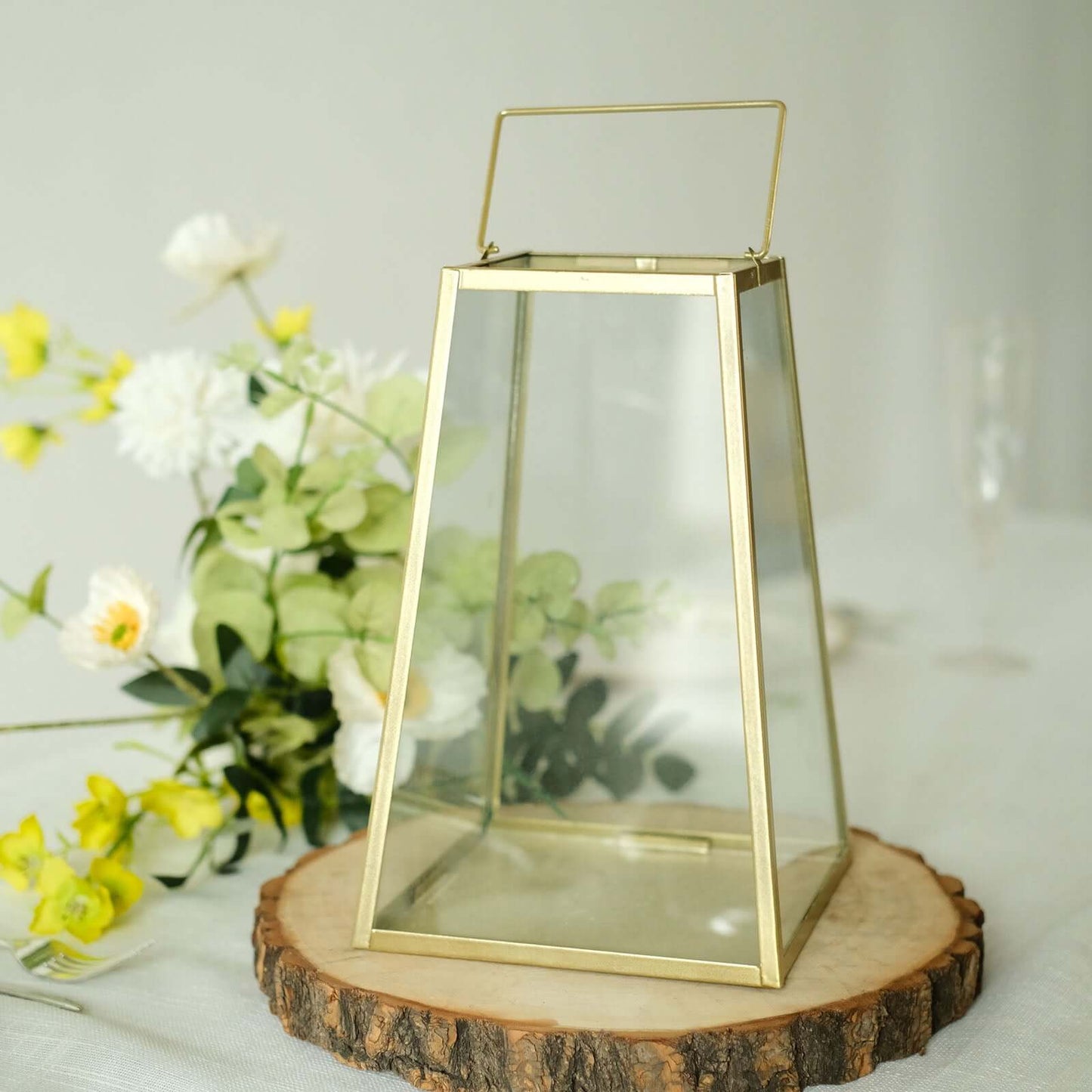 Metal Candle Lantern Trapezoid Geometric Design Gold - Hanging Terrarium Table Centerpiece for Indoor/Outdoor 10"