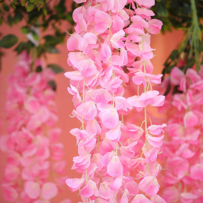 42" Silk Hanging Wisteria Flower Garland Vines in Pink, Elaborated 5 Full Strands in 1 Bush
