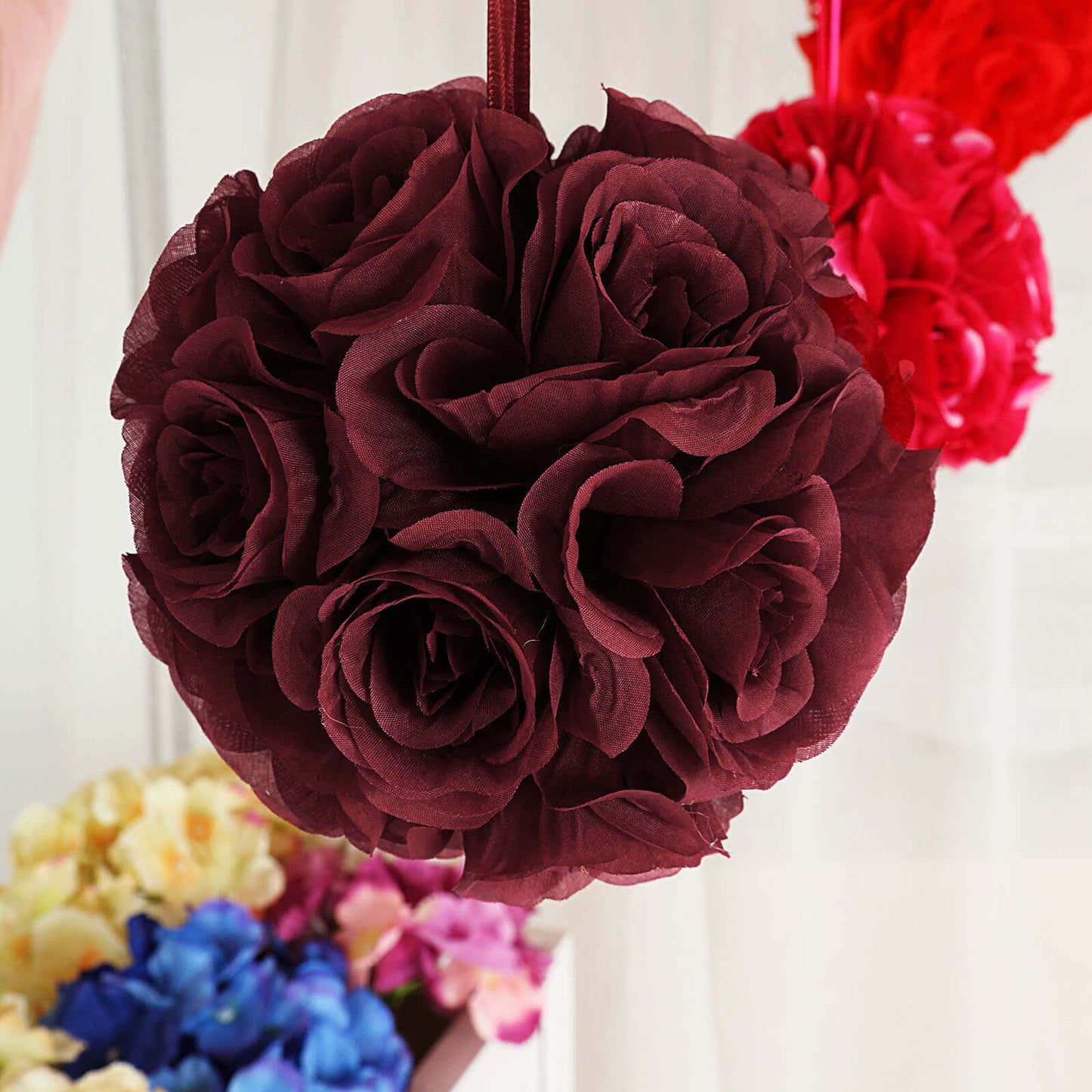 2 Pack 7" Burgundy Artificial Silk Rose Kissing Ball, Flower Ball
