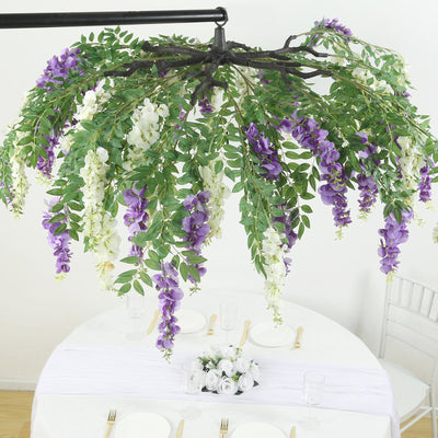 55" Cream Purple Artificial Silk Wisteria Vine Round Hanging Canopy, Draping Garland Flower Chandelier With Interchangeable Branches