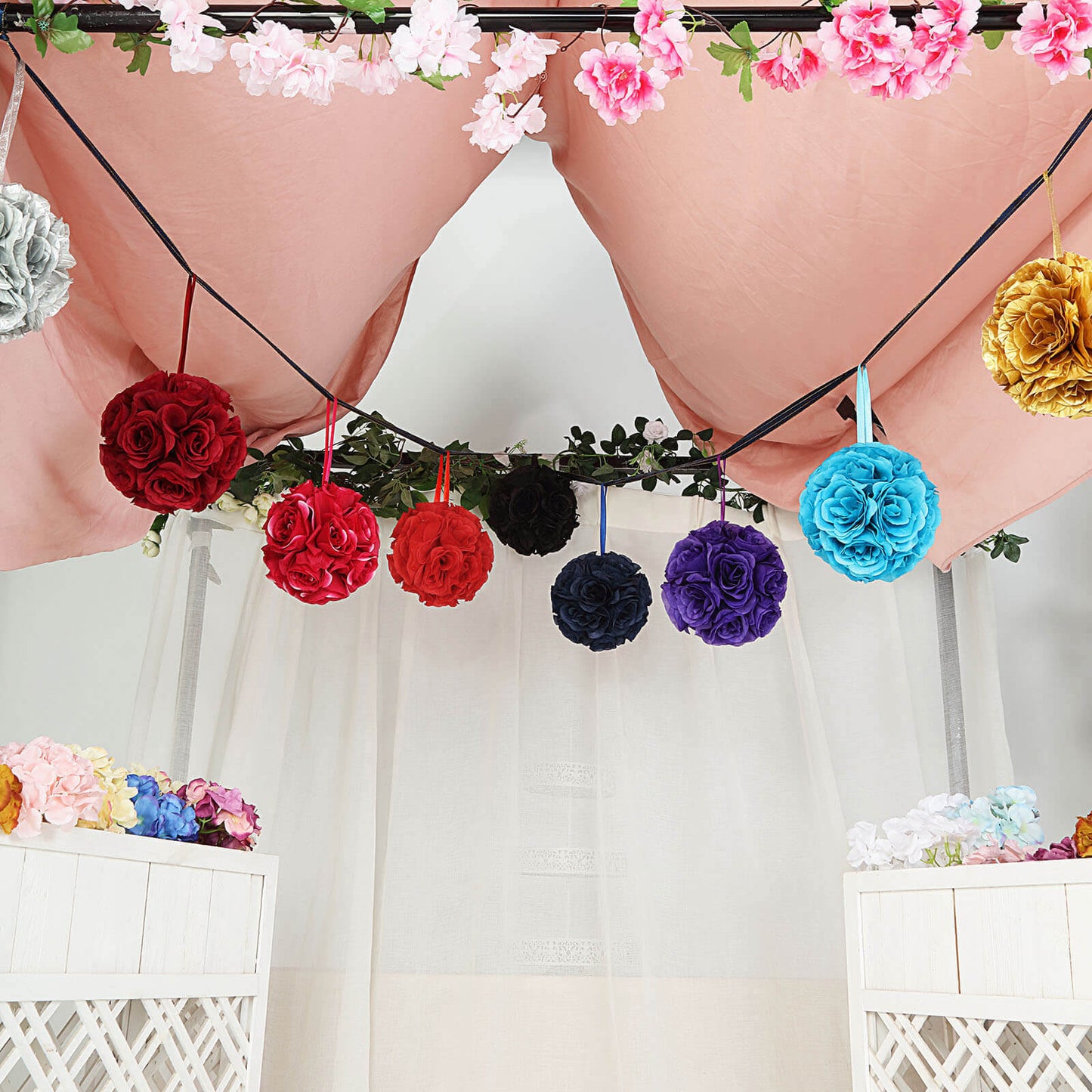 2 Pack 7" Red Artificial Silk Rose Kissing Ball, Faux Flower Ball