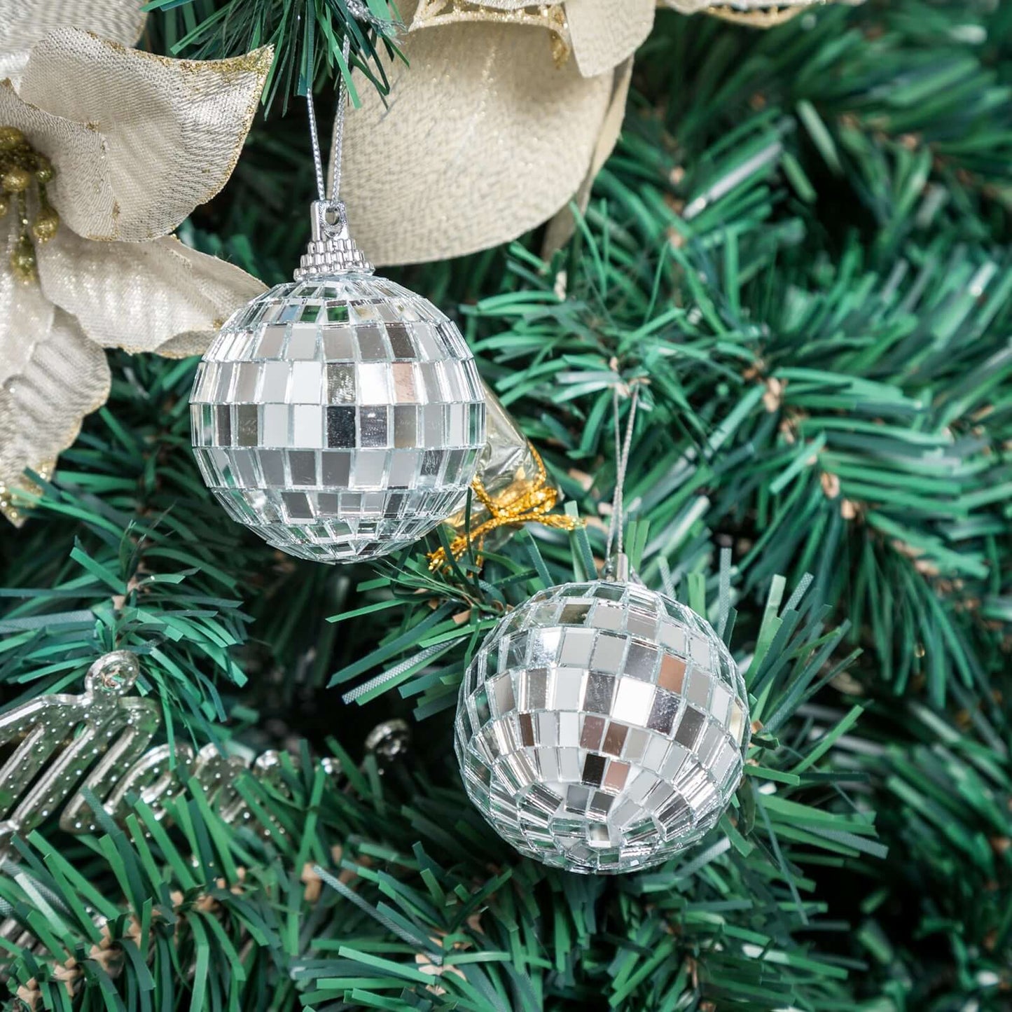 6 Pack 2" Silver Foam Disco Mirror Ball With Hanging Strings, Holiday Christmas Ornaments