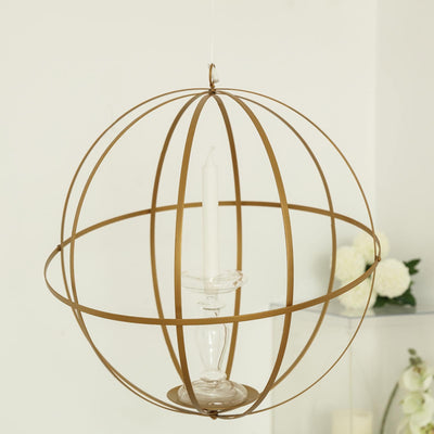 Hanging Sphere Candle Holder Gold Wrought Iron Open Frame Floral Display - Centerpiece Ball 12"