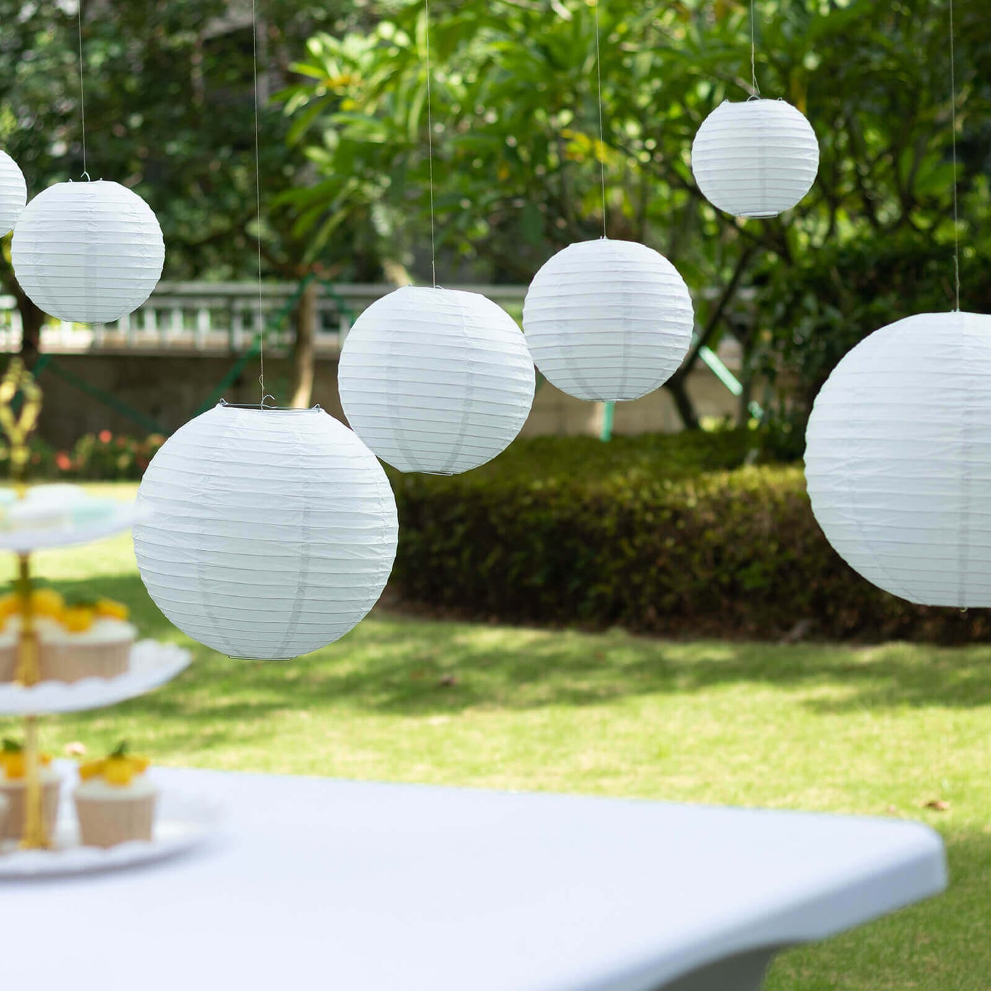 Set of 8 White Hanging Paper Lanterns, Decorative Round Chinese Sky Lanterns, Assorted Sizes  - 6",8",10",14"