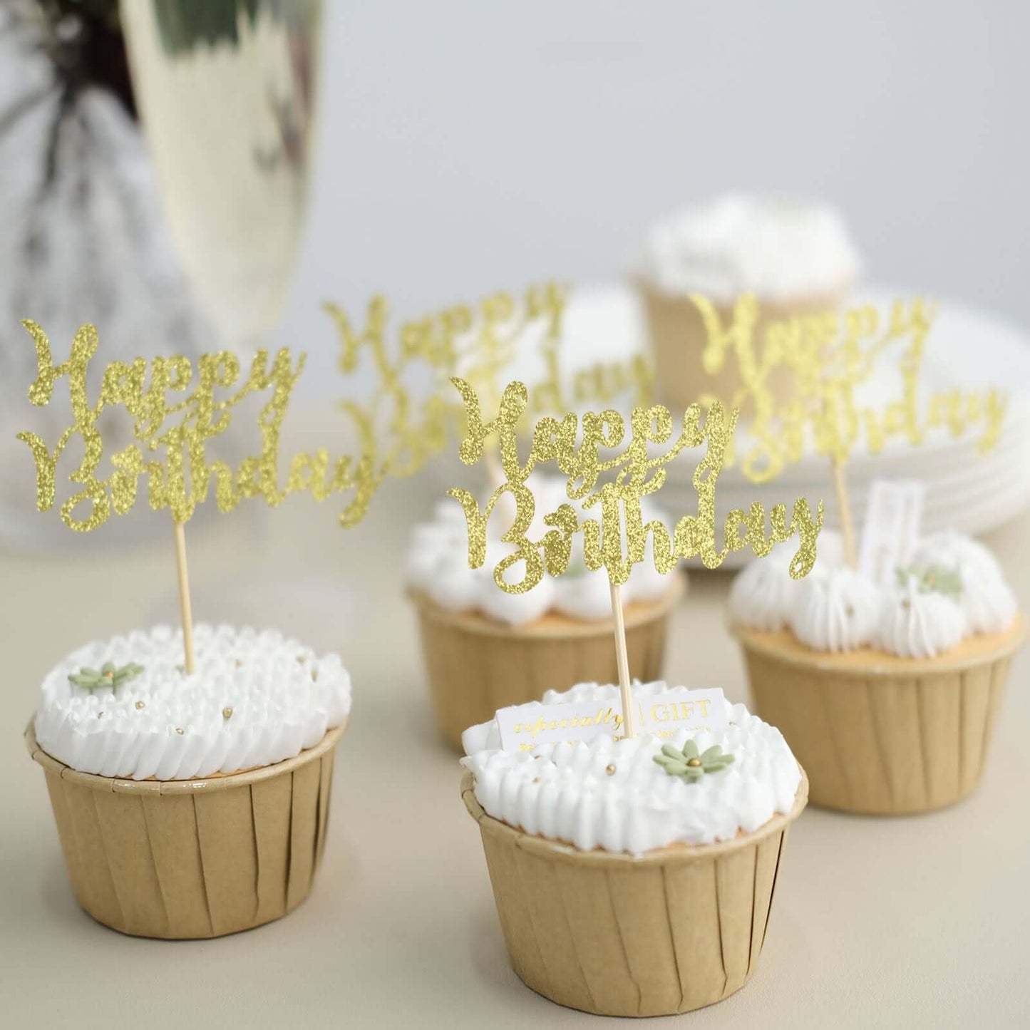 24-Pack Cupcake Toppers Happy Birthday Design Glitter Gold - Party Cake Picks Decoration Supplies
