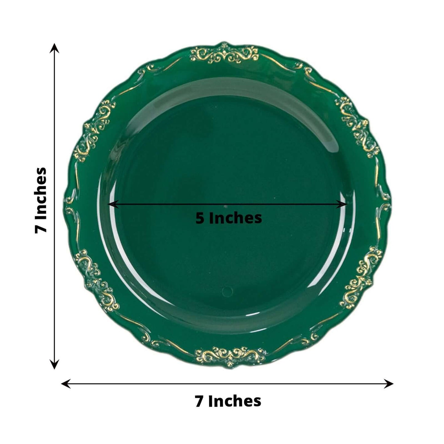 10-Pack Plastic 7" Round Dessert Plates in Hunter Emerald Green with Gold Vintage Embossed Rim - Sturdy Disposable Scalloped Edge Salad Plates
