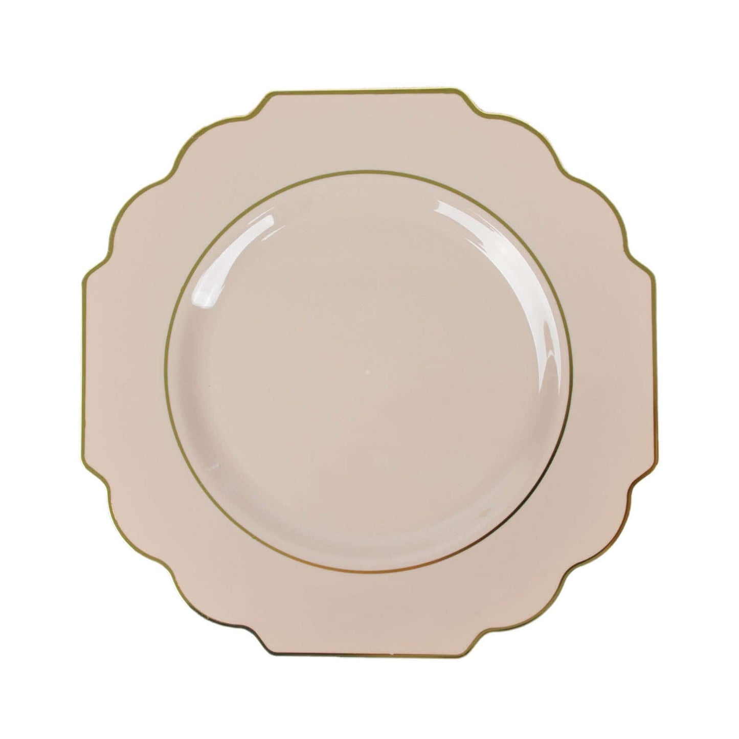 10-Pack Plastic Dinner Plates in Taupe Baroque Design with Scalloped Gold Rim - Heavy Duty Disposable Party Plates 11"