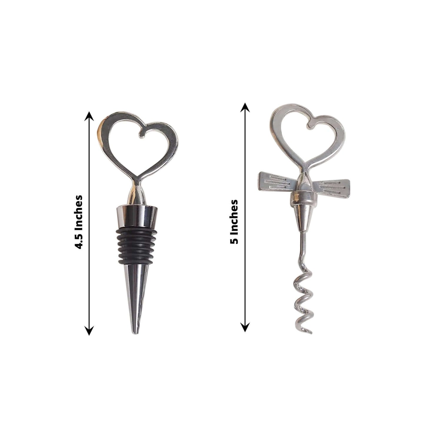 Silver Metal Heart Wine Bottle Opener Cork Stopper Party Favors Souvenir Gift Set, Wedding Favor in Velvet Box - 4.5",5"