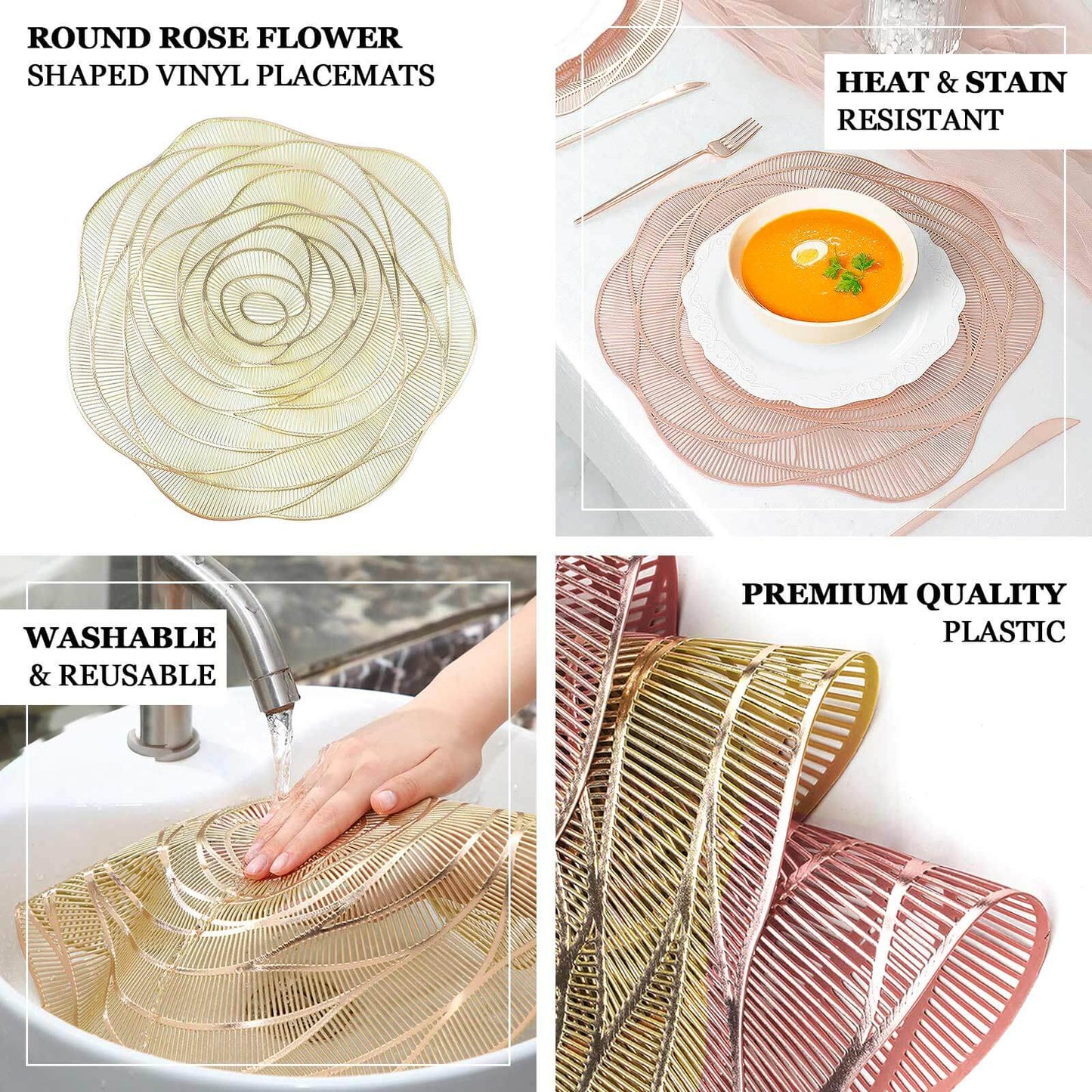 6-Pack Dining Table Mats Rose Flower Design Metallic Gold - Vinyl Round Non-Slip and Washable Table Mats 15"