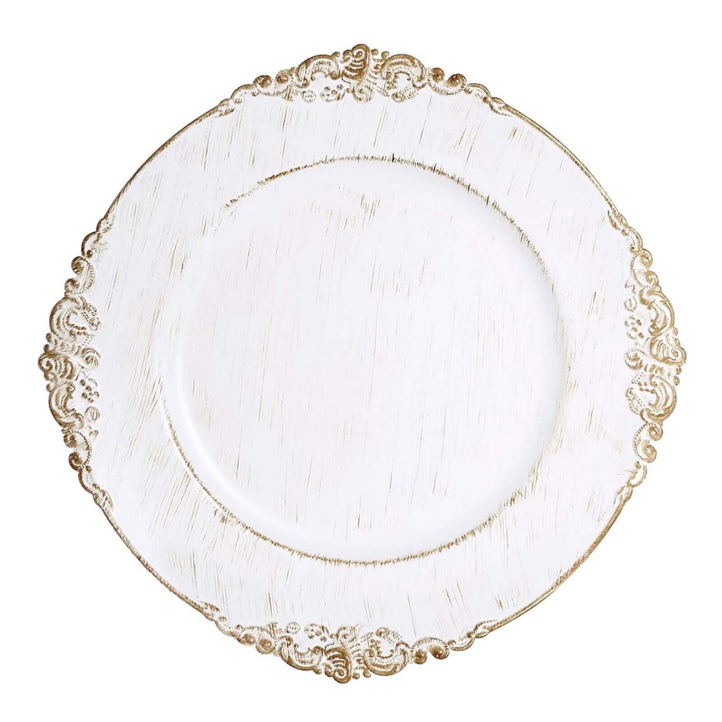 6-Pack Acrylic Round Charger Plates 13" in White Washed with Gold Embossed Baroque Rim, Antique Decorative Dinner Party Charger Tableware
