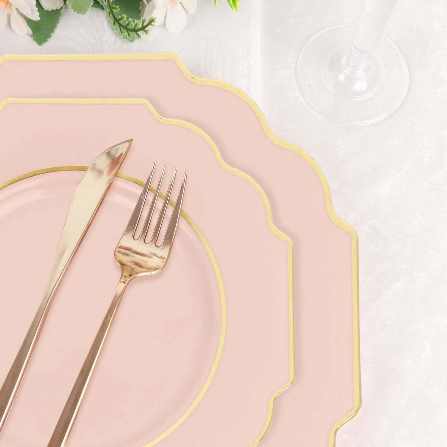 10-Pack Plastic Dinner Plates in Blush Baroque Design with Scalloped Gold Rim - Heavy Duty Disposable Party Plates 11"