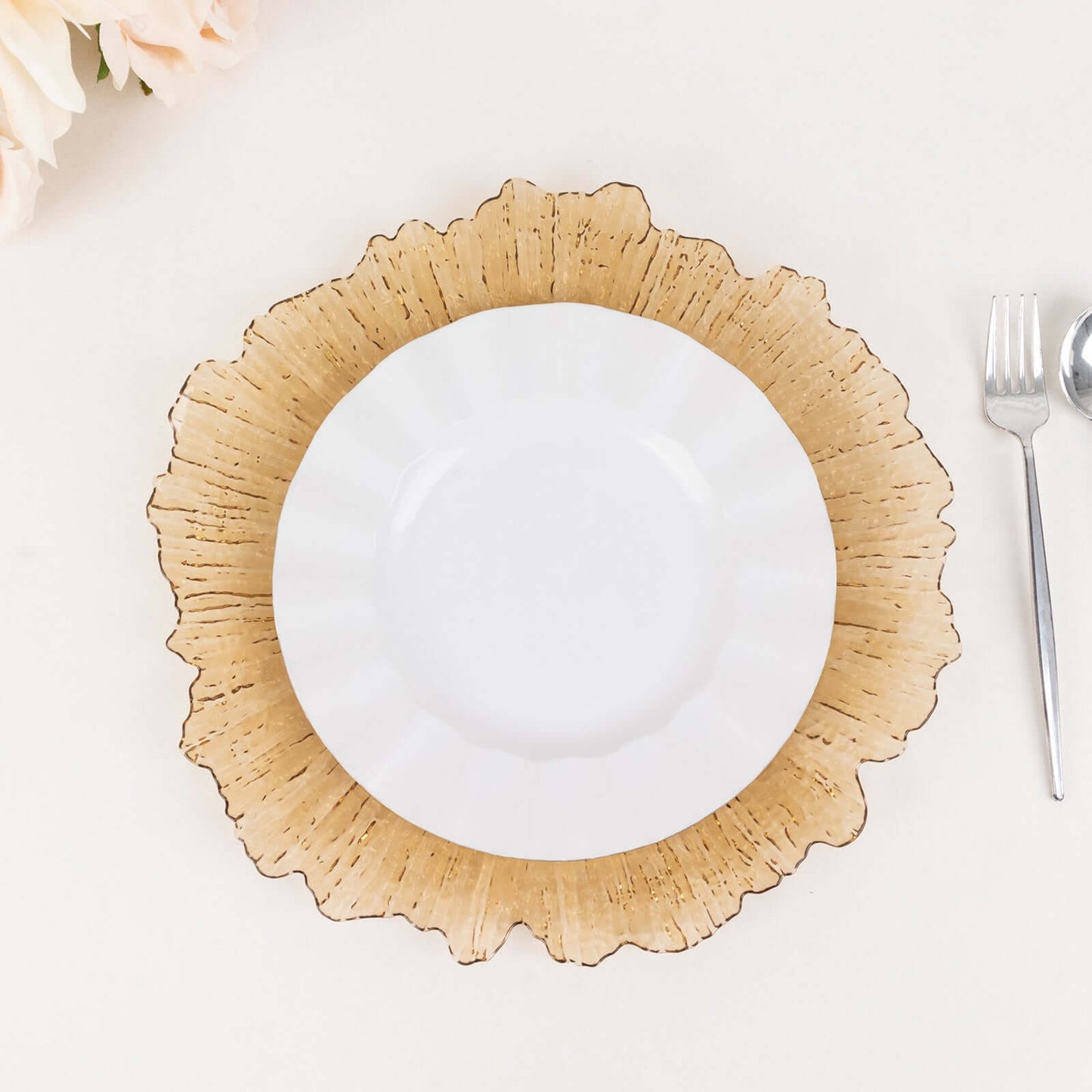 6-Pack Acrylic Plastic Round Charger Plates 13" in Amber Gold with Reef Design, Dinner Charger Tableware