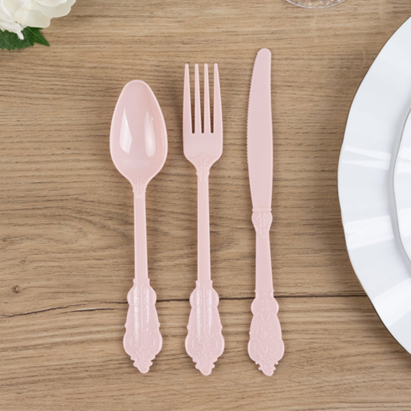 72 Pcs Plastic Silverware Set in Baroque Style Blush - Heavy Duty Disposable Knife, Fork, and Spoon Set