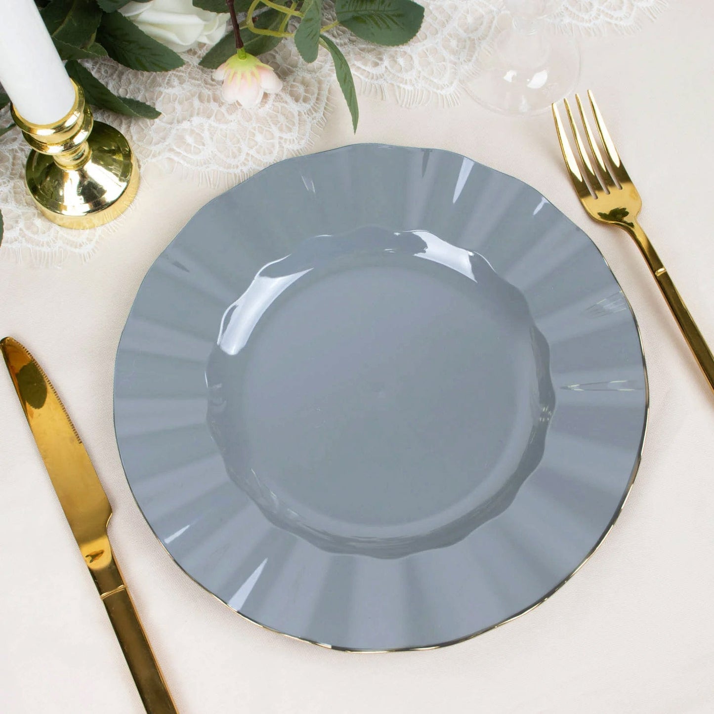 10-Pack Plastic 9" Round Dinner Plates in Dusty Blue Ruffled Rim with Gold Edging - Sturdy Disposable Dinnerware