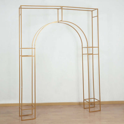 8ft Heavy Duty Gold Metal Rectangular Wedding Arch in Arc de Triomphe Style, 3D Floral Balloon Frame Backdrop Stand