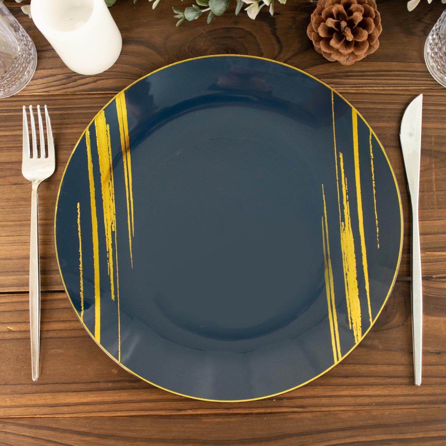 10-Pack Plastic 10" Round Dinner Plates in Navy Blue with Gold Brush Stroked Print - Disposable Party Dinnerware