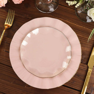 10-Pack Plastic Round 6" Dessert Plates in Blush Ruffled Rim with Gold Edging - Sturdy Disposable Salad Appetizer Dinnerware